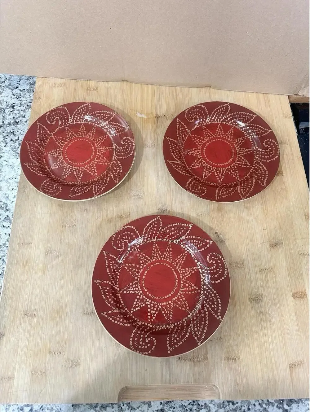 Set of 3 Pier 1 Stoneware Matira Salad Dessert Plates Gold Burgundy 8