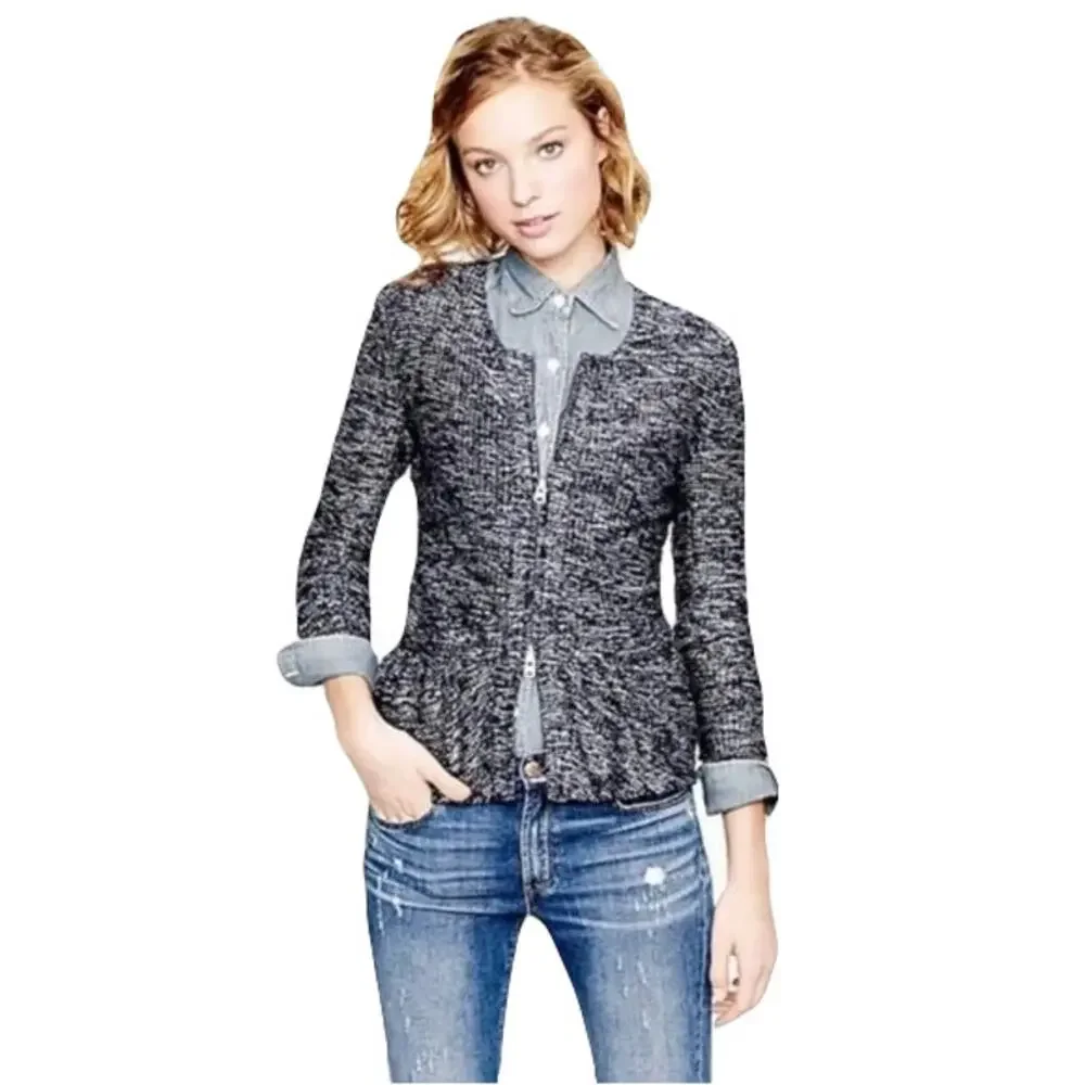 J. CREW Blazer Jacket XS Boucle Tweed Navy Ivory Peplum Zip Pocket Long-Sleeve