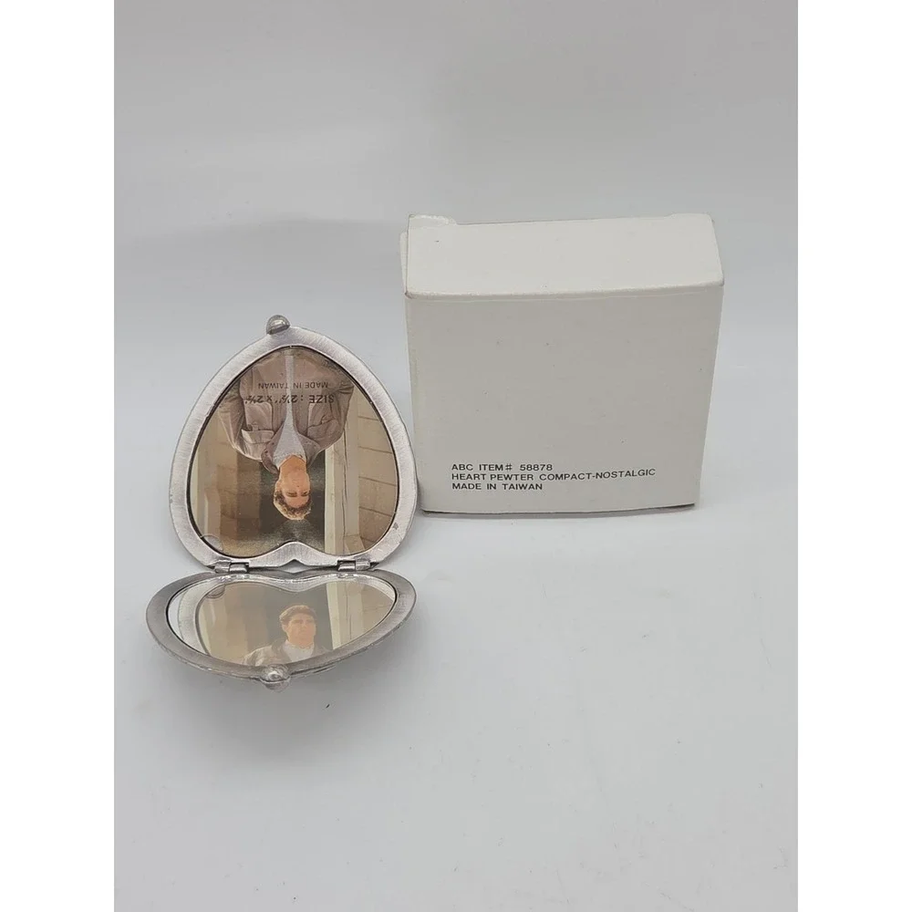 NEW Pewter Compact Heart Picture Keepsake With Mirror Inside