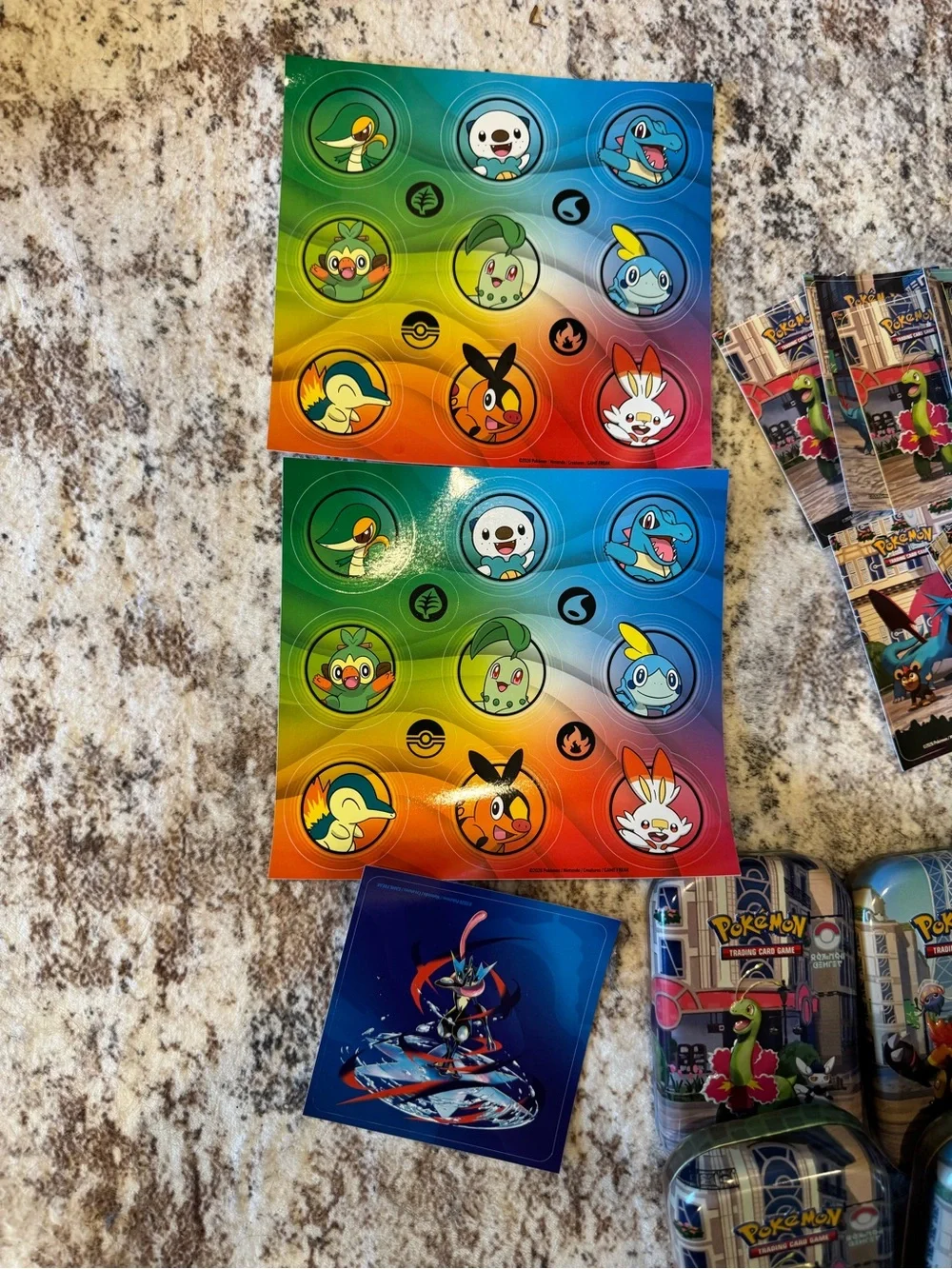 Pokemon Trading Card Tins and Cards - Blue, Green, Red, Yellow, Orange