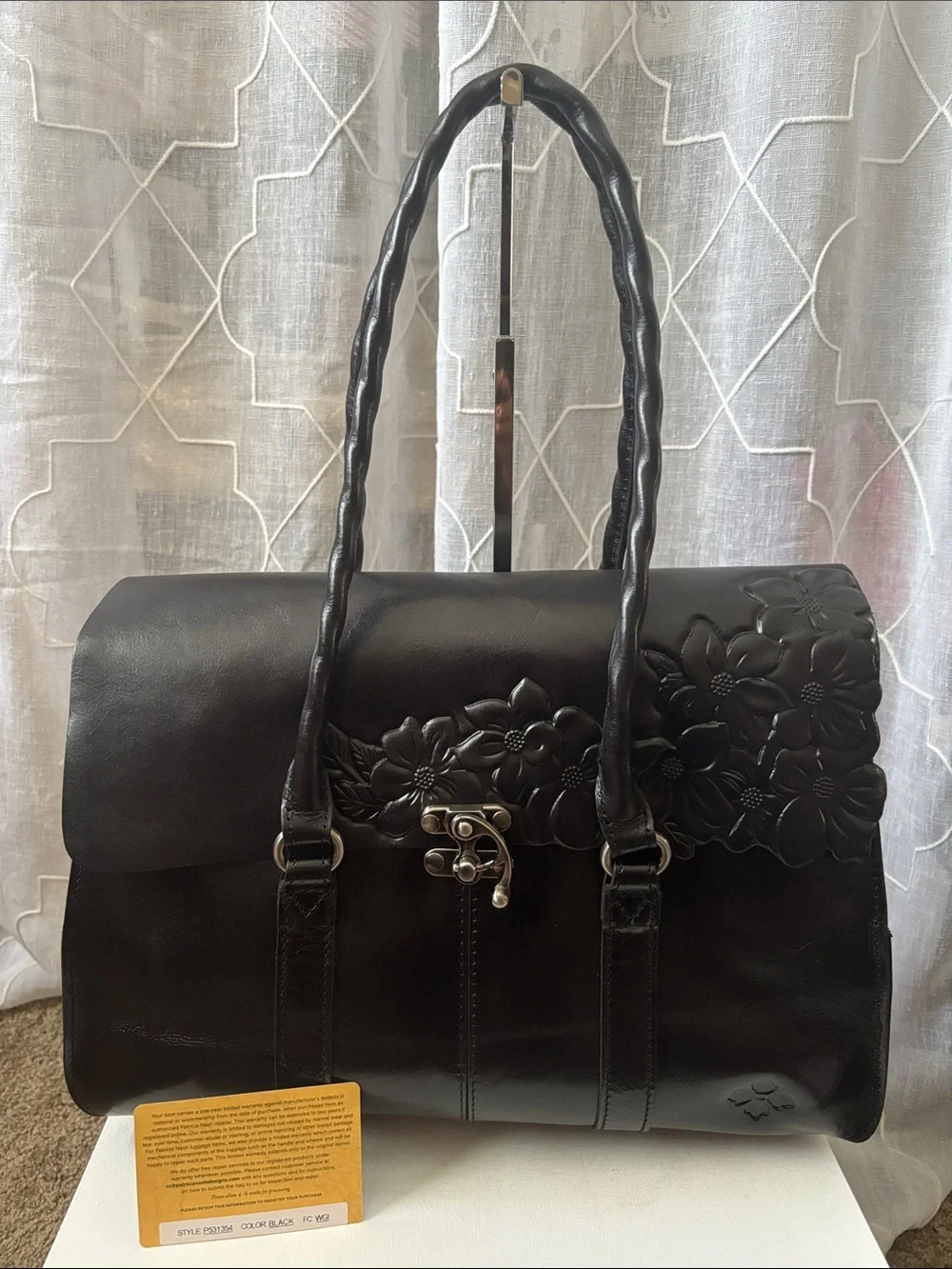 Patricia Nash Vienna Black Floral Embossed Leather Satchel