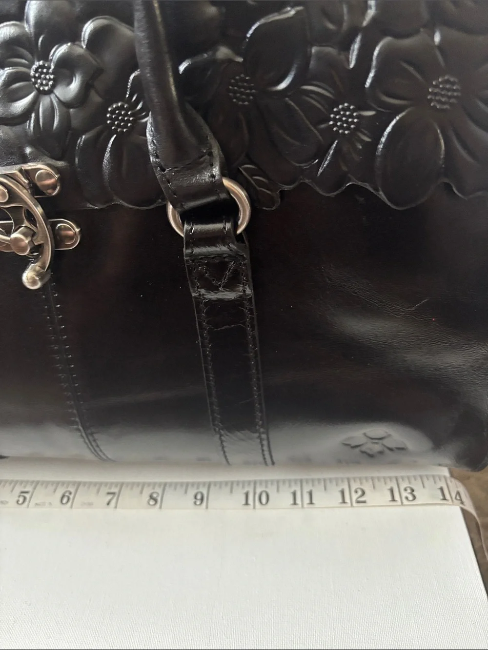 Patricia Nash Vienna Black Floral Embossed Leather Satchel