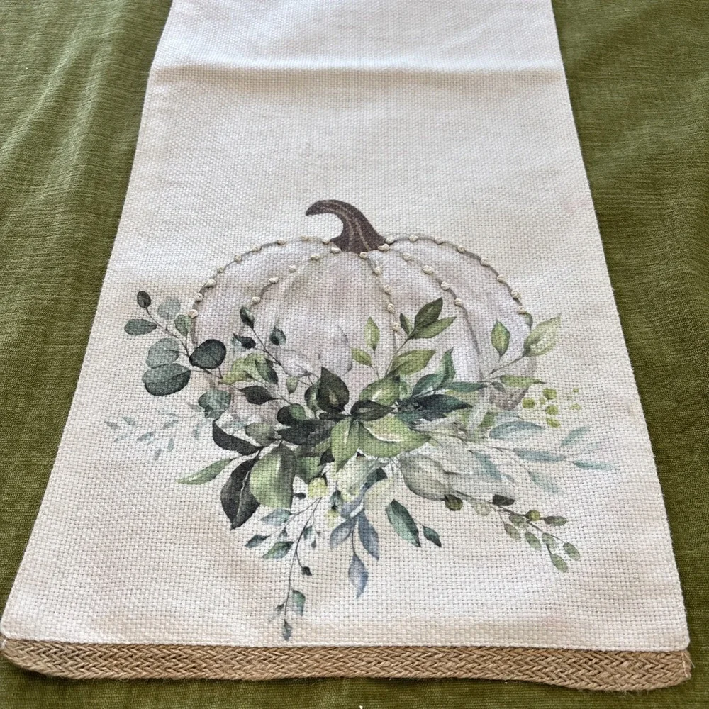Autumn‎ Hill Harvest Runner White Linen Burlap Gourd Modern Farmhouse 13.5x73