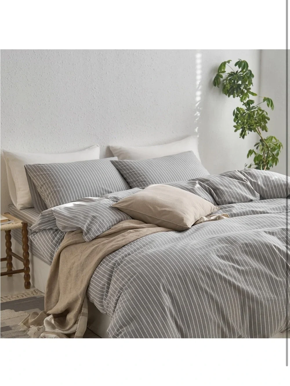 NEW MooMee Striped Duvet Cover Set 100% Washed Cotton Linen Like Texture. Grey