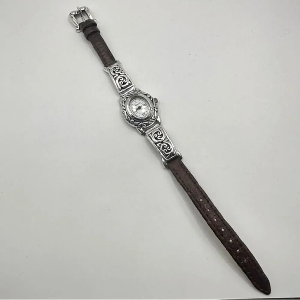 Brighton Santa Barbara Watch Vintage Silver tone Brown Italian Leather strap