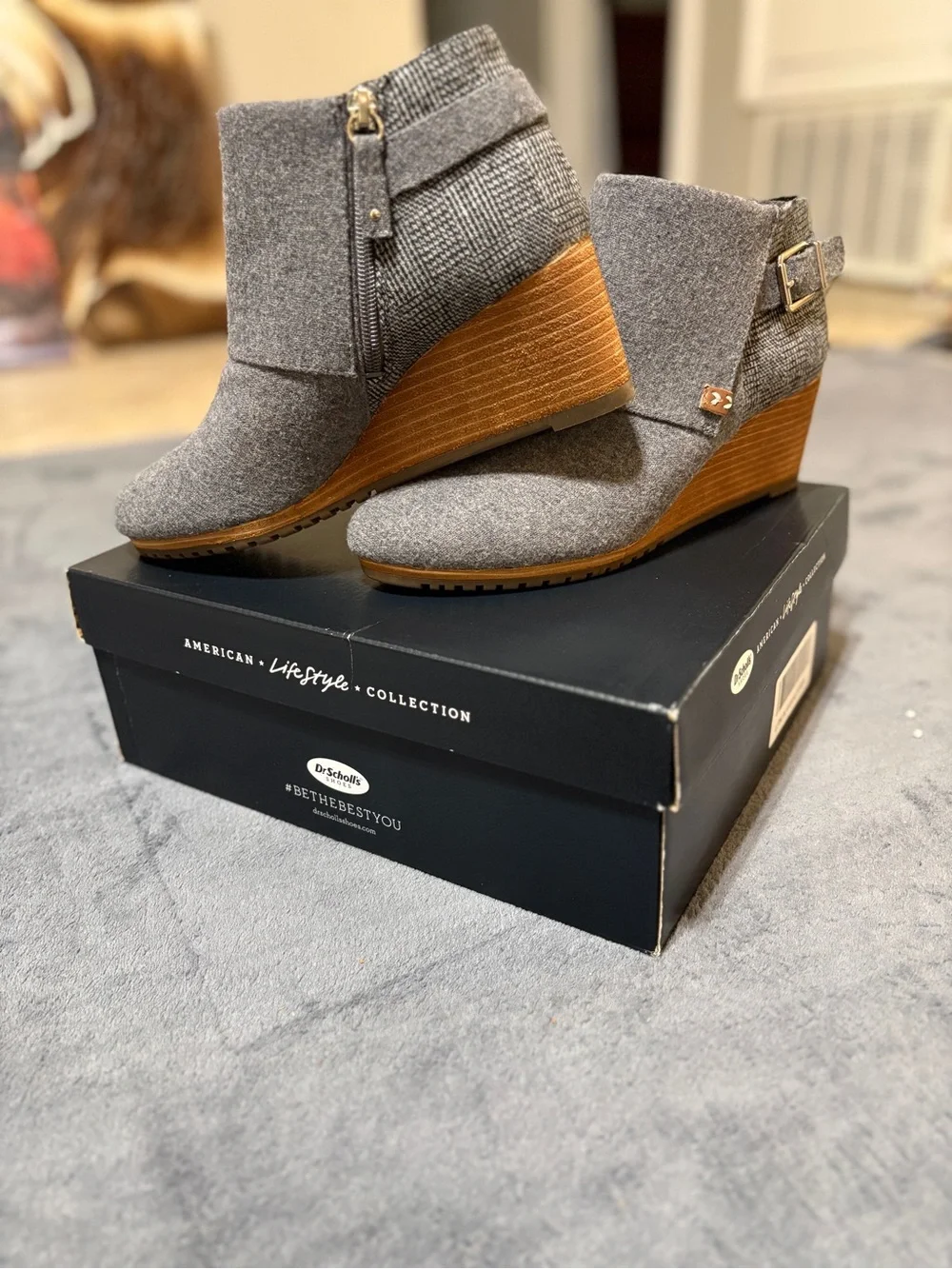 Dr. Scholl's Gray Fabric Wedge Ankle Boots with Wood-Tone Heel