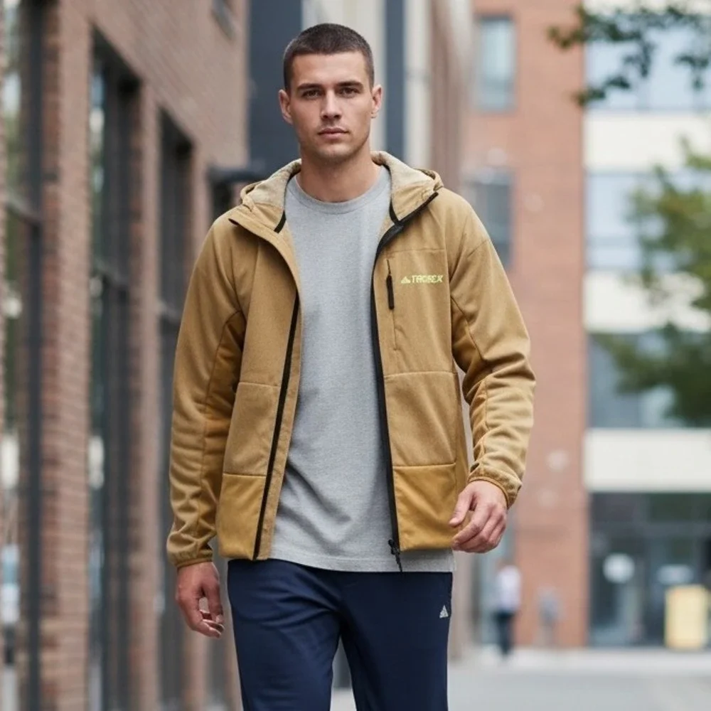 Adidas Terrex Men Mesa Gold Hooded Fleece Full Zip Jacket GQ3692 Medium