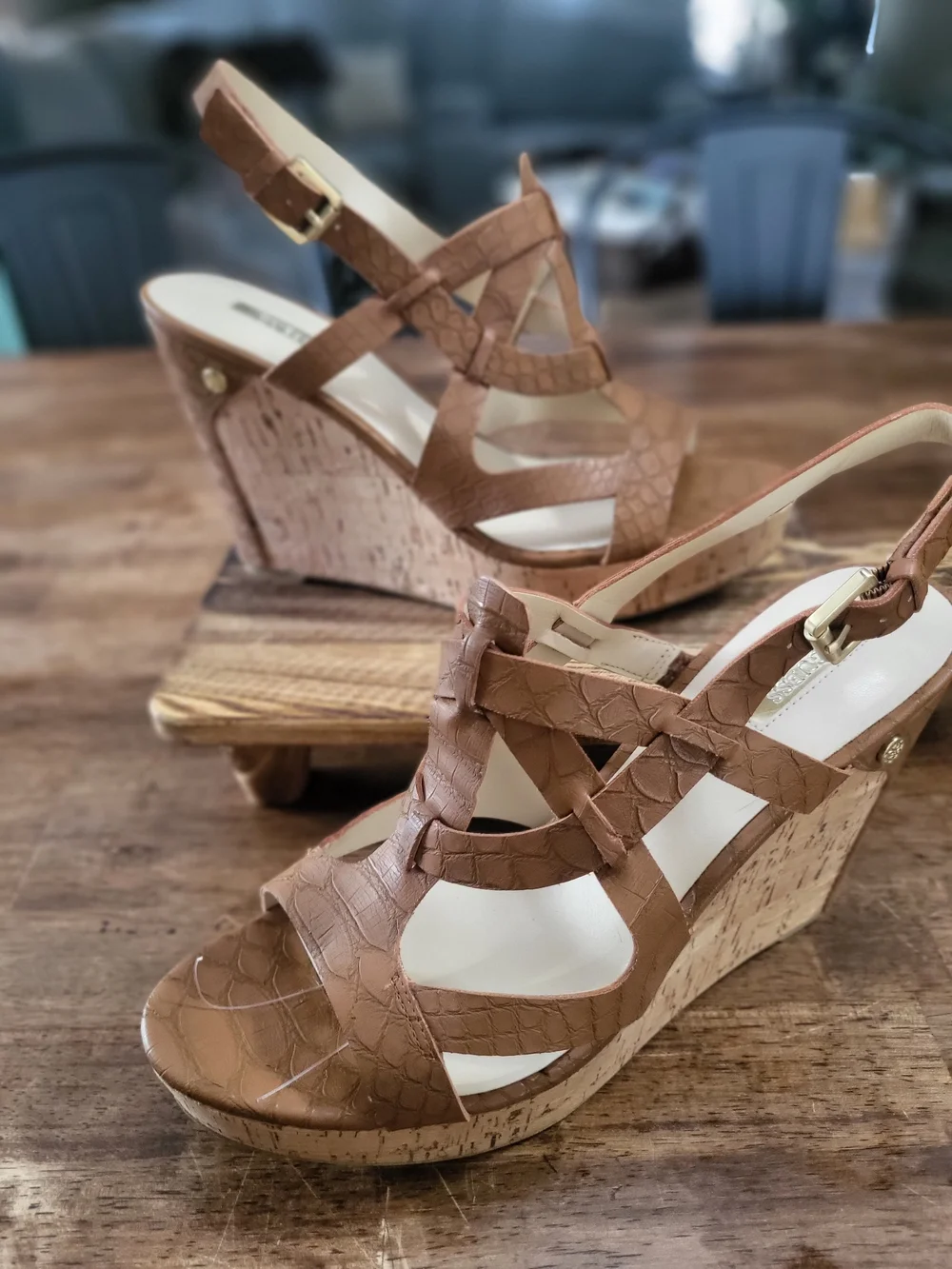 GUESS: Brown Faux-Croc Wedge Sandals with Cork Heel