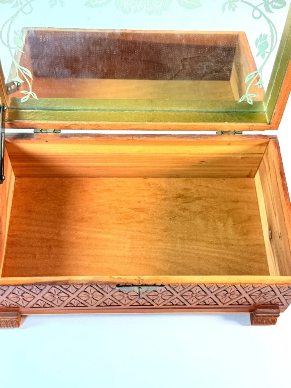 Vintage Wooden Keepsake Box w/ Mirror Floral Carved Jewelry Trinket Storage Box