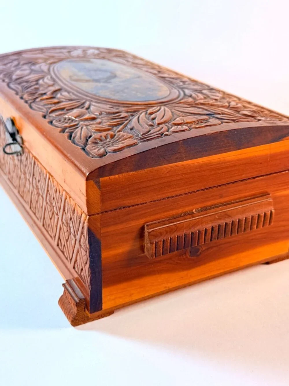 Vintage Wooden Keepsake Box w/ Mirror Floral Carved Jewelry Trinket Storage Box