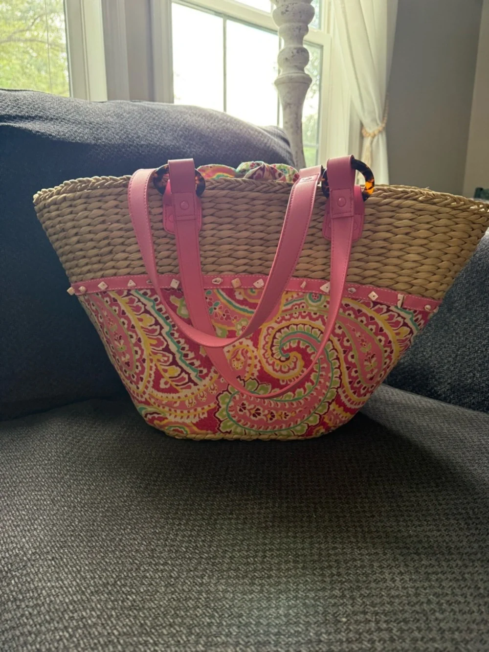 Vera Bradley Pink Paisley Straw Tote with Multicolor Trim