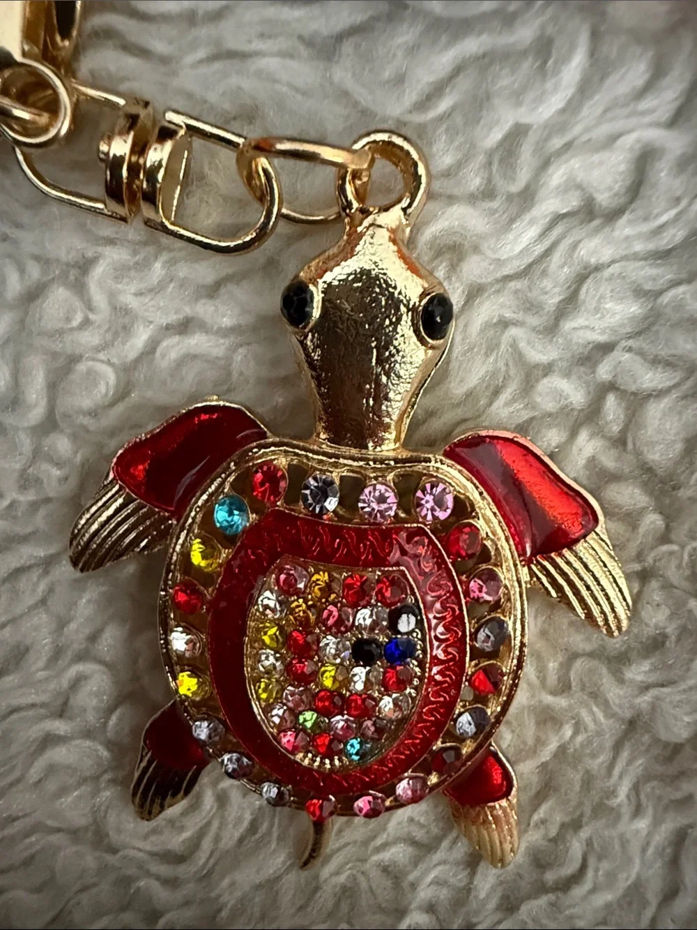 Gold-tone Turtle Bag Charm with Multicolor Crystals