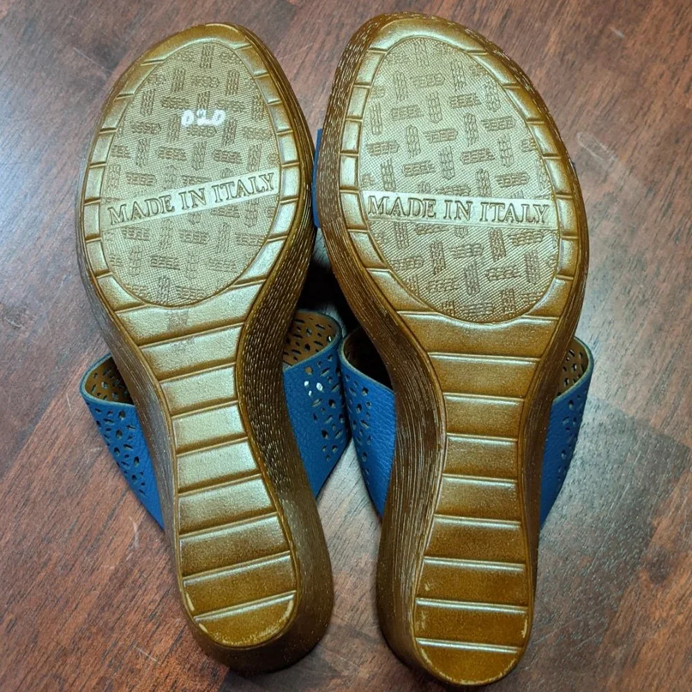 Italian Shoemakers blue laser cut slip on strap wedge sandals 7.5