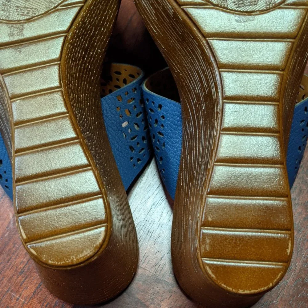 Italian Shoemakers blue laser cut slip on strap wedge sandals 7.5