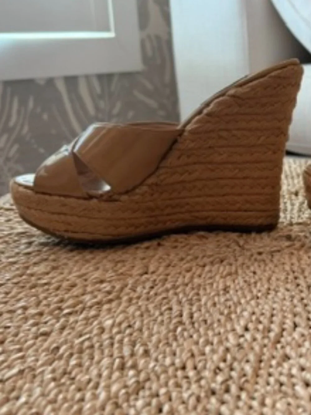Jimmy Choo Tan Patent Leather Raffia Wedges, 35