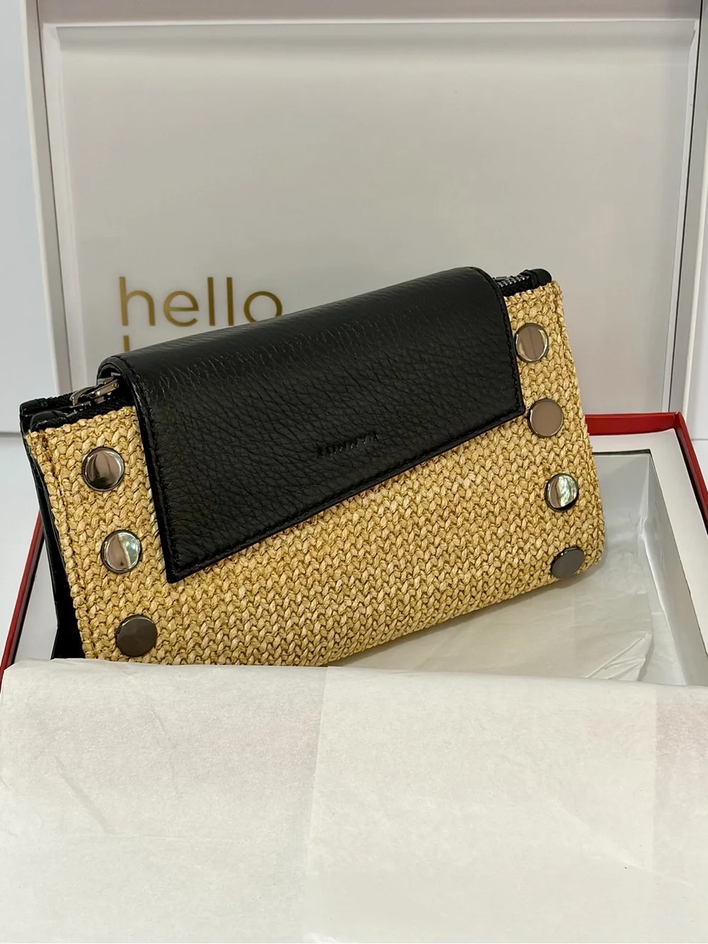 Hammitt Levy Leather Wallet/Crossbody in Chaparral Raffia With Gunmetal Hardware