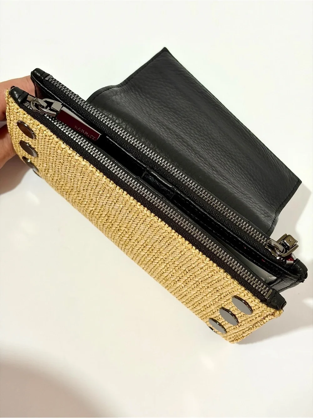 Hammitt Levy Leather Wallet/Crossbody in Chaparral Raffia With Gunmetal Hardware