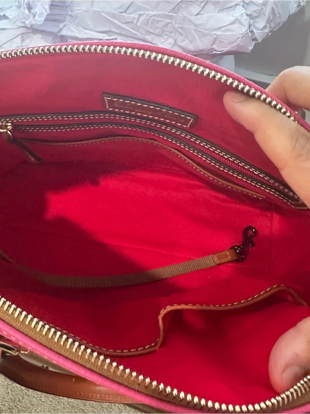Dooney & Bourke Hot Pink Pebble Leather Satchel with Tan Trim