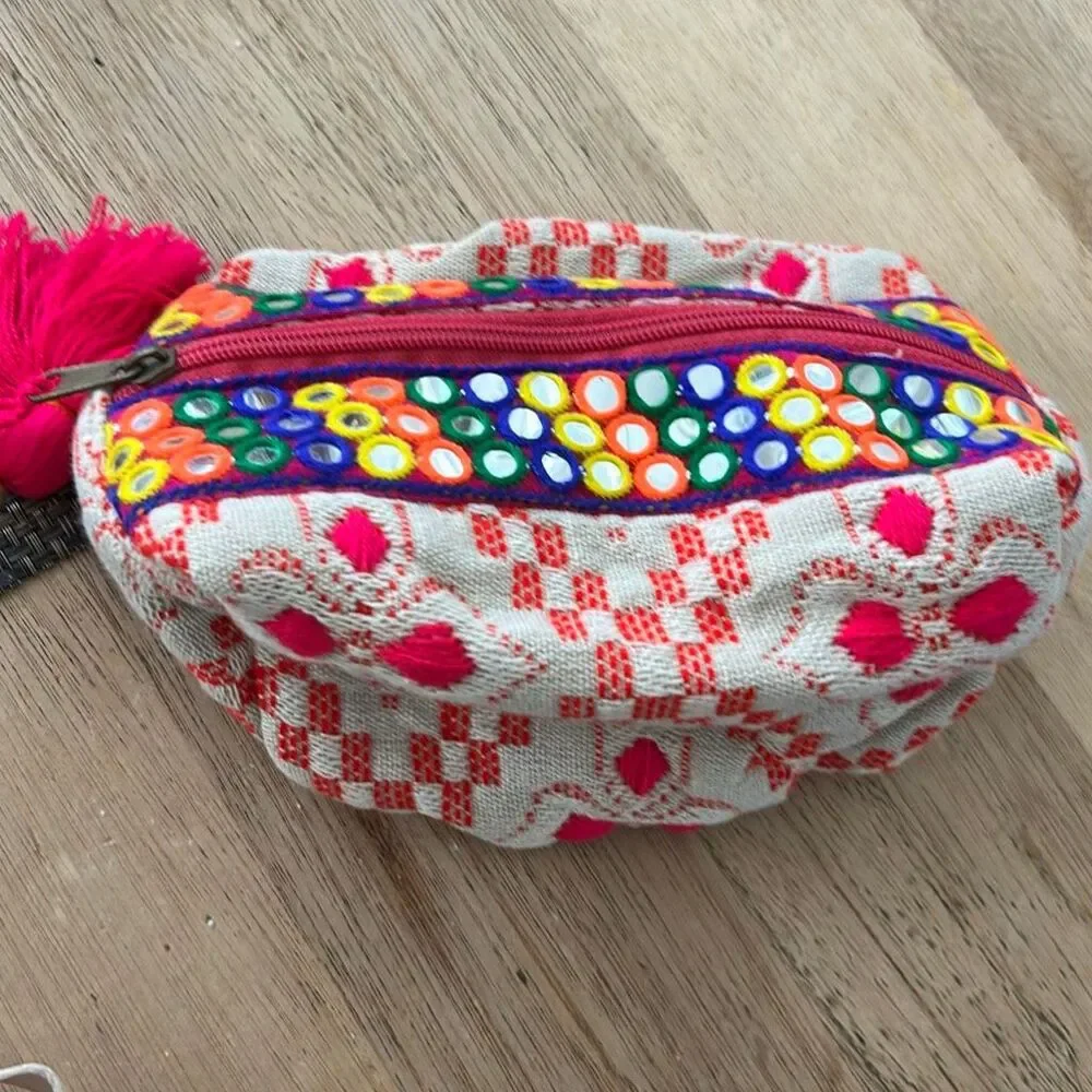 Lovestitch boHo embroidered pink tassel pouch bag clutch beige