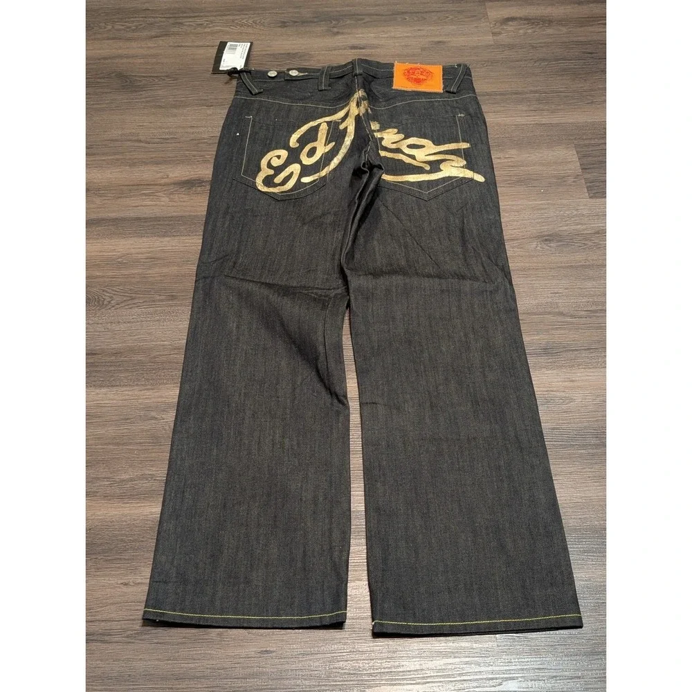 Ed Hardy Mens Gold Foil Logo Wide Leg Denim Jeans Dark Wash‎ 36x34 NWT Lot 2008