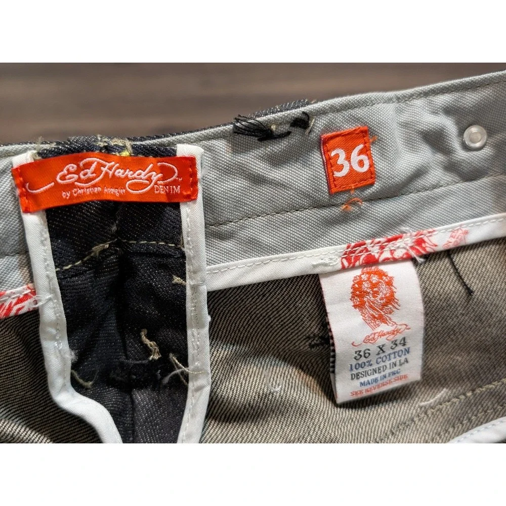 Ed Hardy Mens Gold Foil Logo Wide Leg Denim Jeans Dark Wash‎ 36x34 NWT Lot 2008
