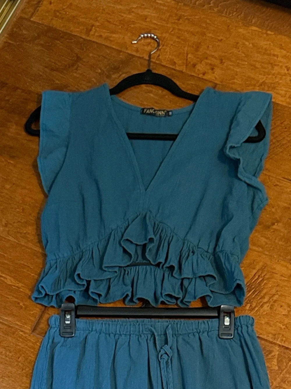 FANCYINN Teal 2 Piece Crop Top Wide Leg Side Slit Pants Set Medium