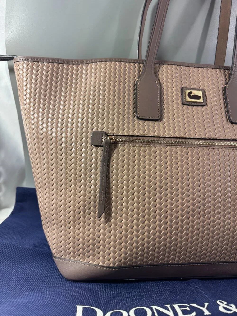 Dooney & Bourke Camel Leather Beacon Woven Embossed Large Tote