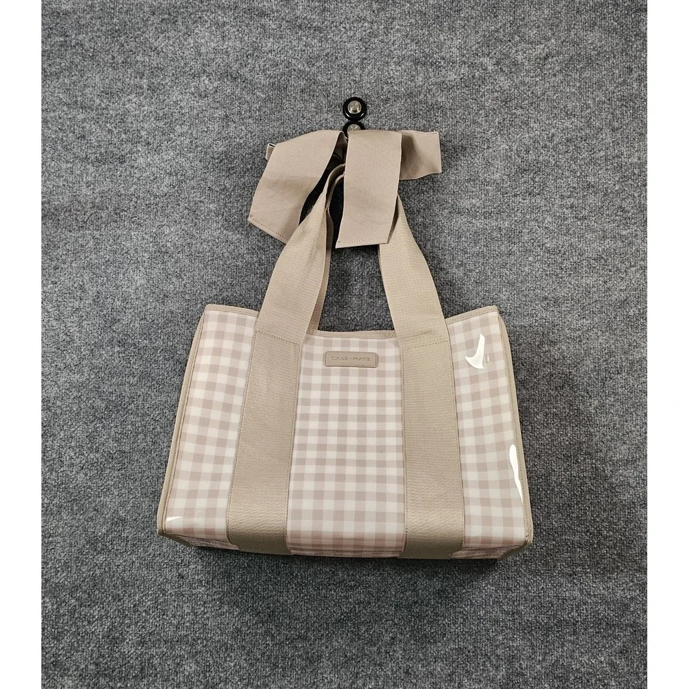 CASE-MATE Beige Gingham Jelly Tote Bag Canvas Handle Bow Accent Waterproof
