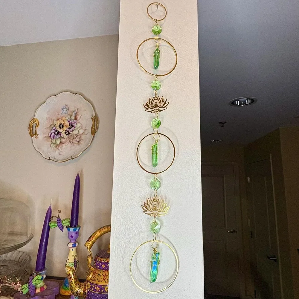 Green Aura Quartz Wall Hanging | Gold Lotus Meditation Charm | Love Abundance