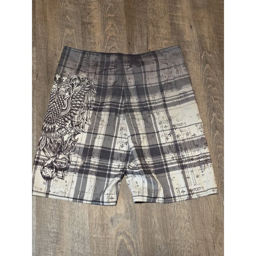 Machine Ornamental Board Shorts Men's Size 36 Eagle Shield Black White Swimming