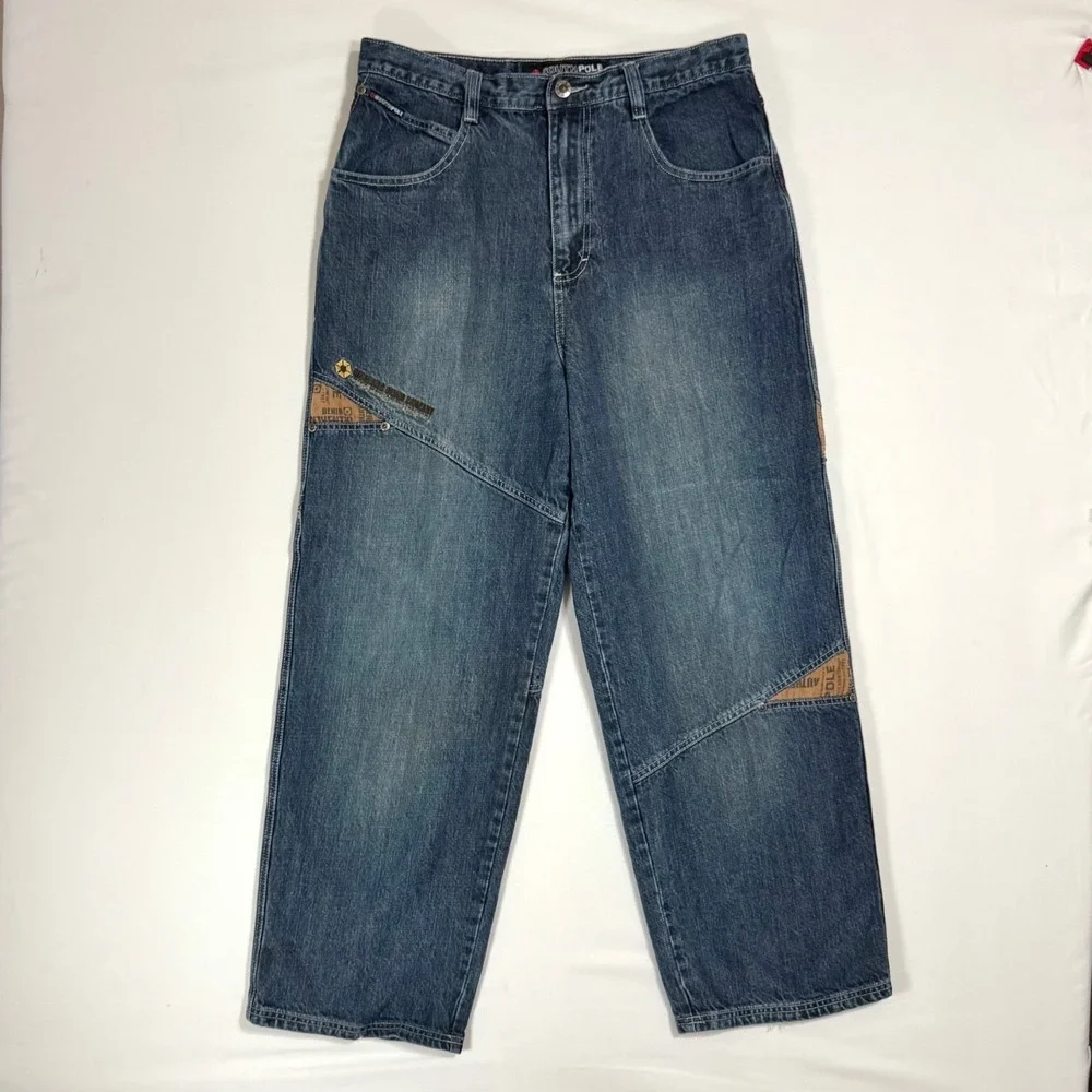 Vintage Y2K Southpole Baggy Wide Leg Jeans Mens 34 Hip Hop Skater Logo Patchwork