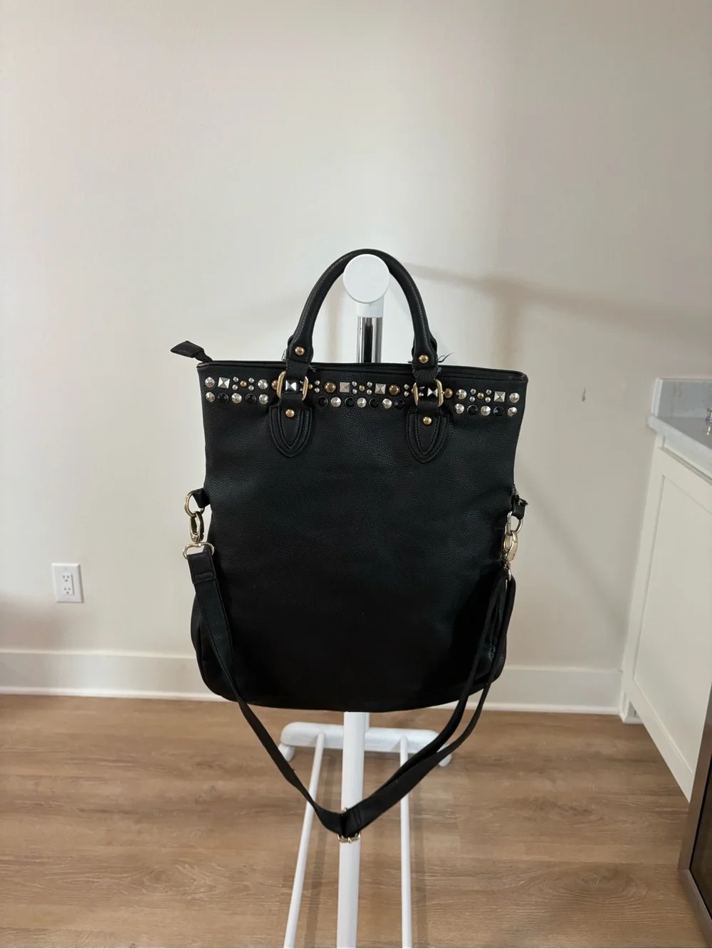 Aldo Black Studded Backpack Tote with Gold Accents