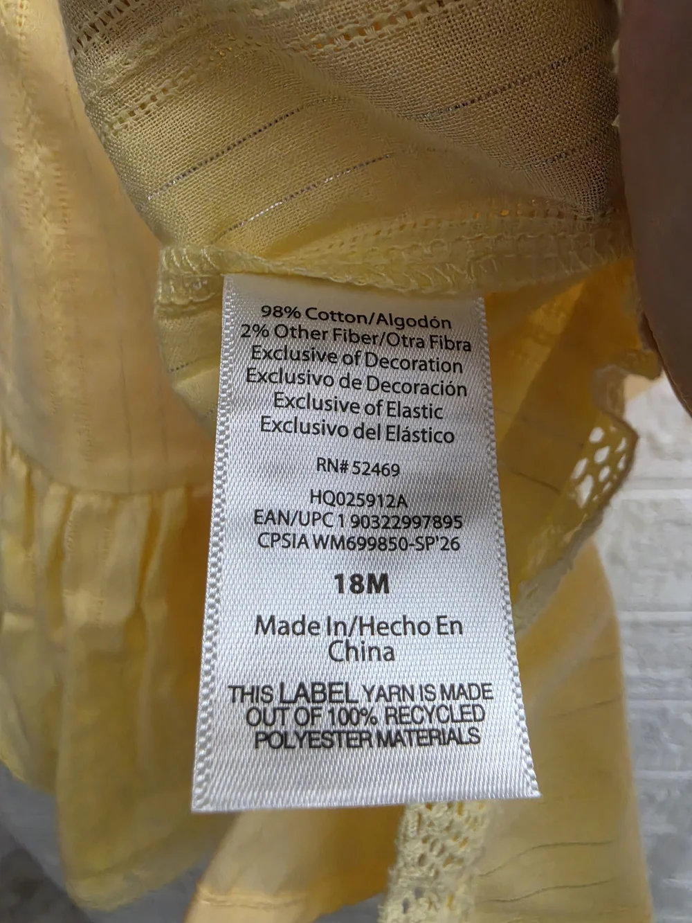 Nwt Wonder Nation Baby Girl's Cotton Yellow Summer Dress, Size 18 months