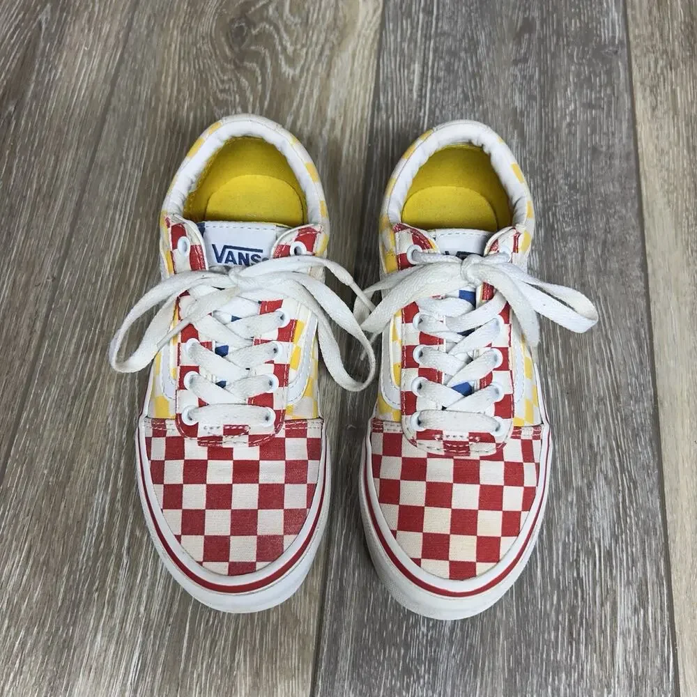 Vans Off The Wall Youth US Size 1 Red Yellow Blue Checkerboard Shoes Old Skool