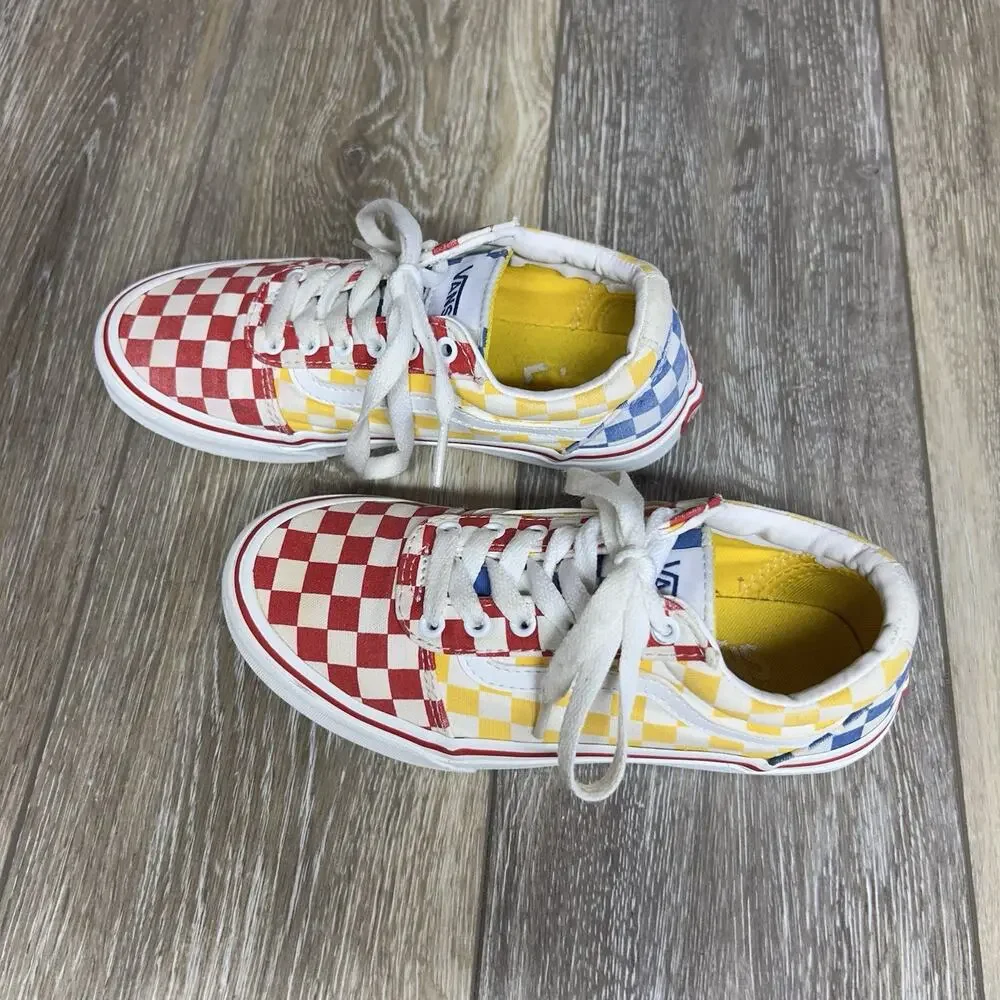 Vans Off The Wall Youth US Size 1 Red Yellow Blue Checkerboard Shoes Old Skool