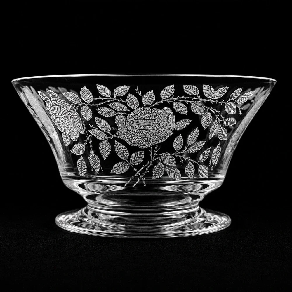 Tiffin Franciscan Roses Etched Glass Berry Dessert bowls Set of 6 Etched Footed