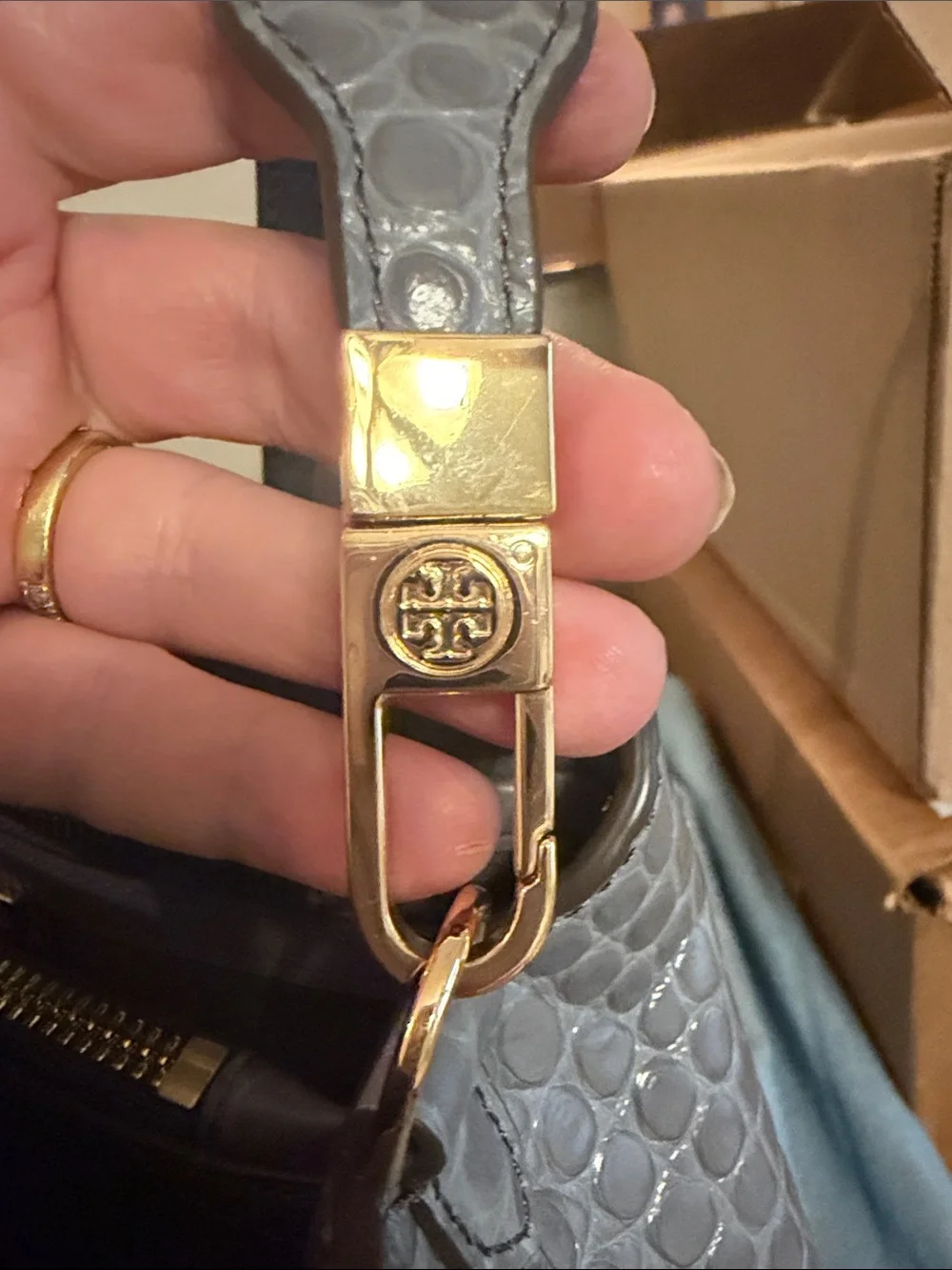 Tory Burch Gray Croc-Embossed Tote with Gold Hardware