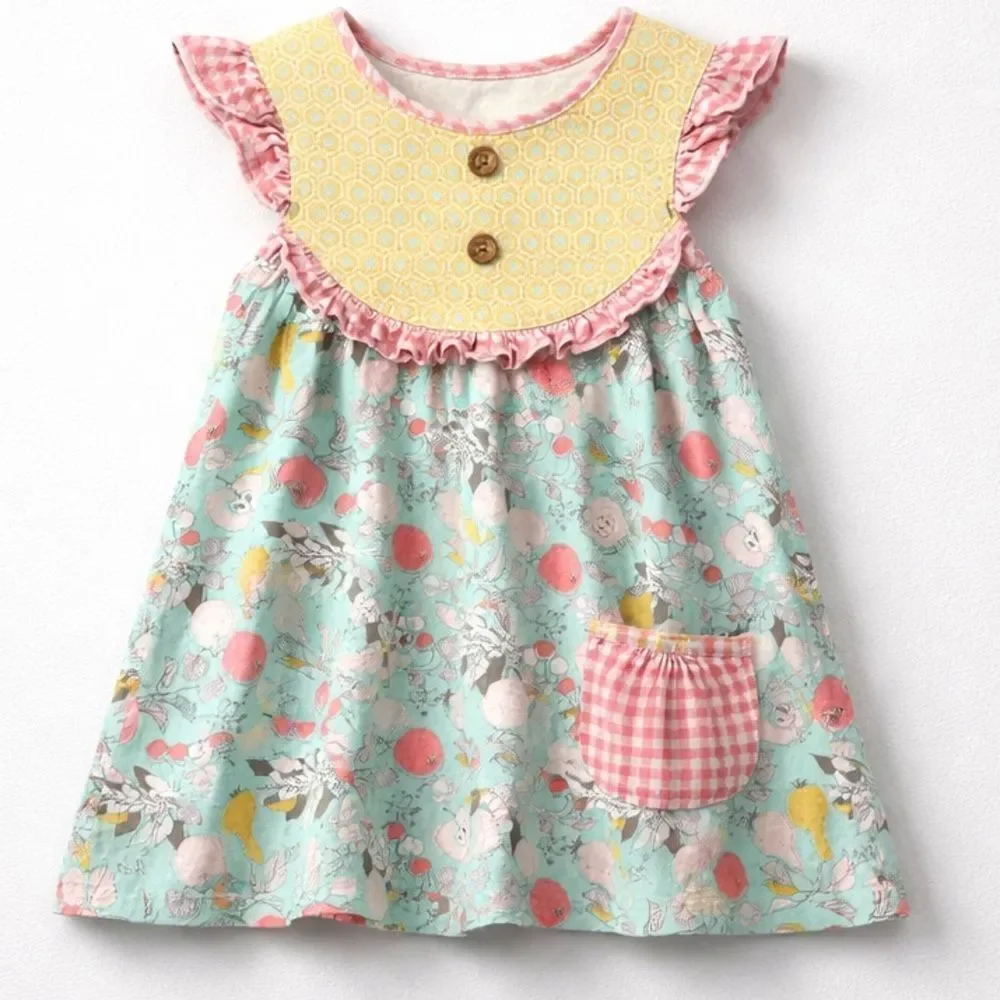 Serendipity mint green & pink multi pattern peasant dress Apple print XL (9-10)
