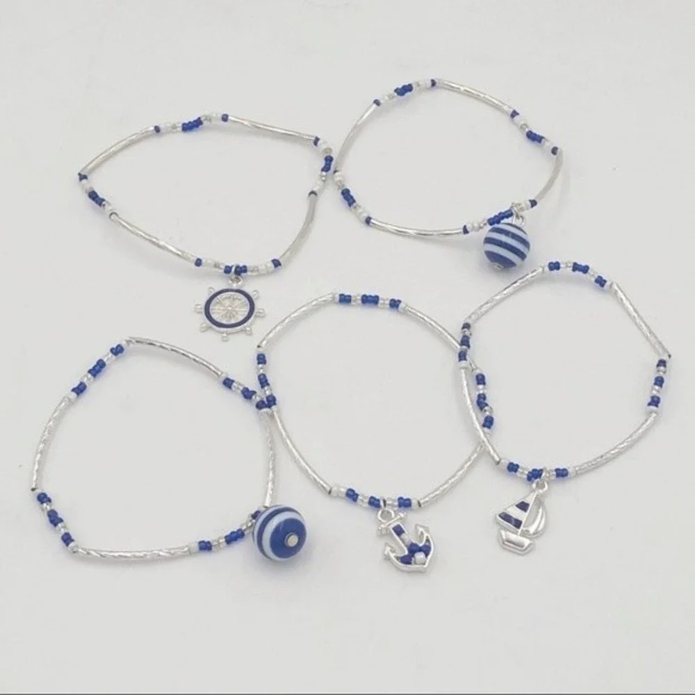 🌼 Nautical Theme Anchor Ship Wheel Boat Set of 5 Bracelets