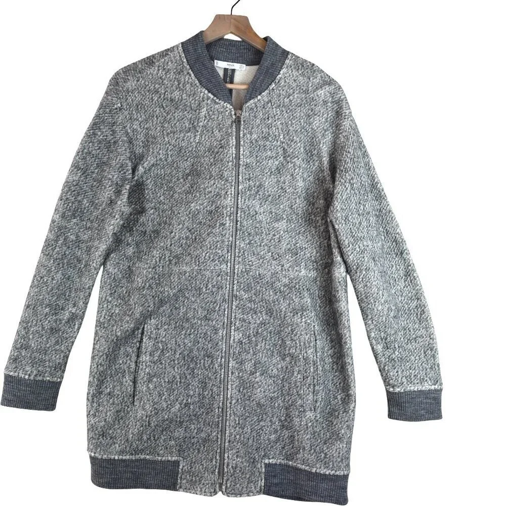MNG Grey Knit Longline Bomber Jacket Coat M Felted Fabric