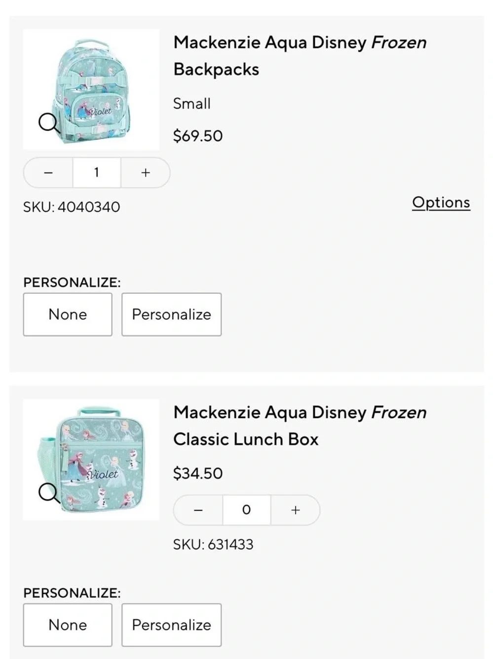 Pottery Barn Kids Frozen Character Backpack & Lunch Bag - Light Blue