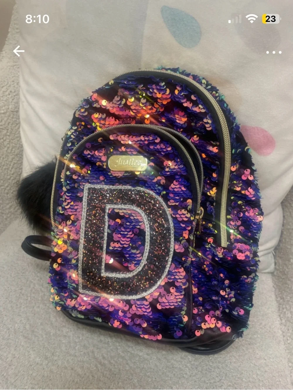 Justice Girls Sequin Mini Backpack Initial D Purple Blue Ombre NWOT