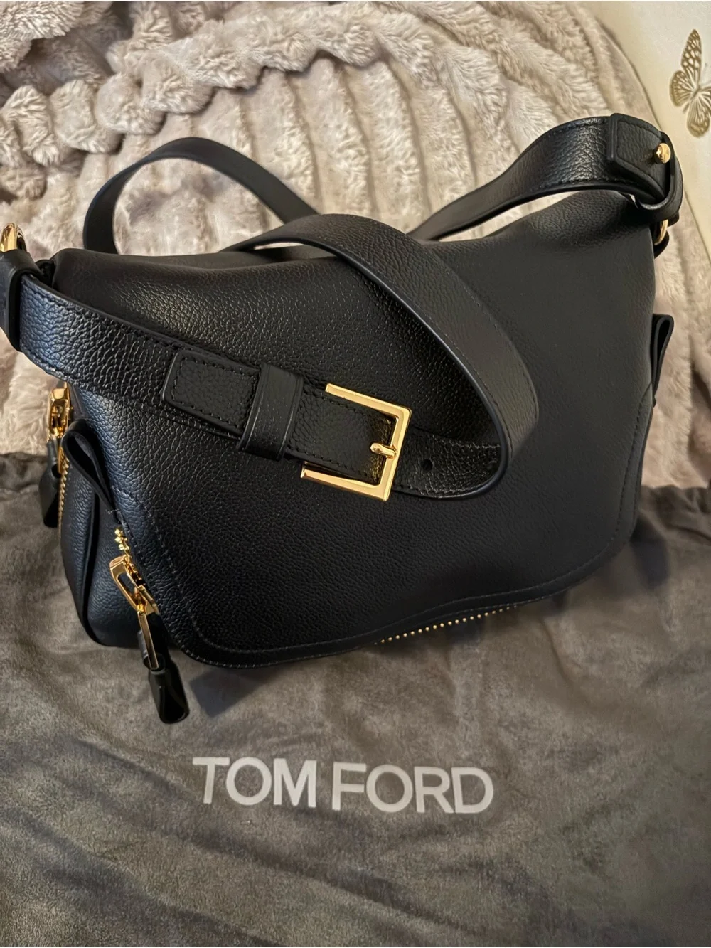 Tom Ford Black Leather Shoulder Bag with Gold-Tone Hardware