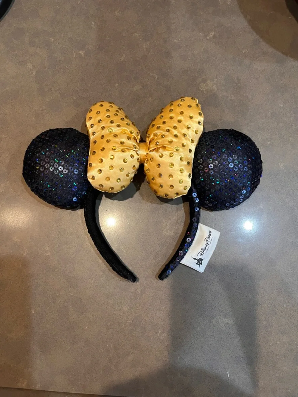 Disney Parks Iridescent Blue & Purple Sequin Minnie Ears, Gold Bow