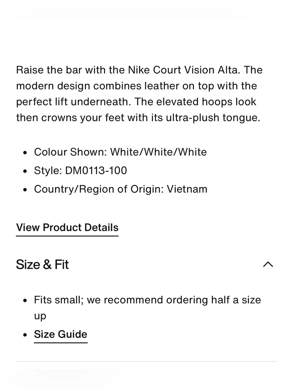 Nike Court Vision Alta White Leather Low-Top Sneakers Womens 7.5