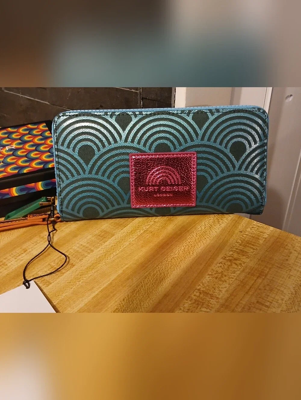 Kurt Geiger Teal and Pink Metallic Zip Around Wristlet
