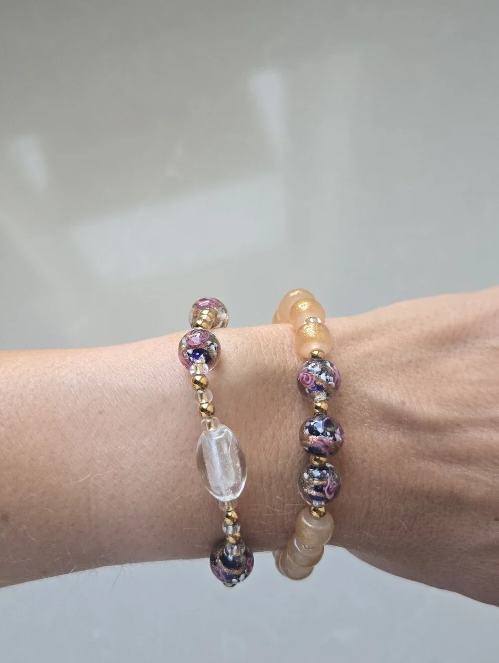 Handmade Vintage Glass Floral And Gold Beaded Stretch Bracelet Set