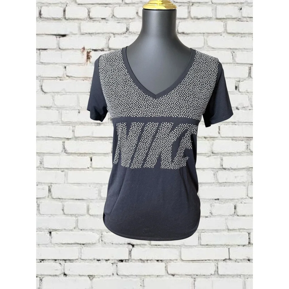 Nike Dri-FIT V-Neck T-Shirt Women Medium Black White Polka Dot Graphic Tee