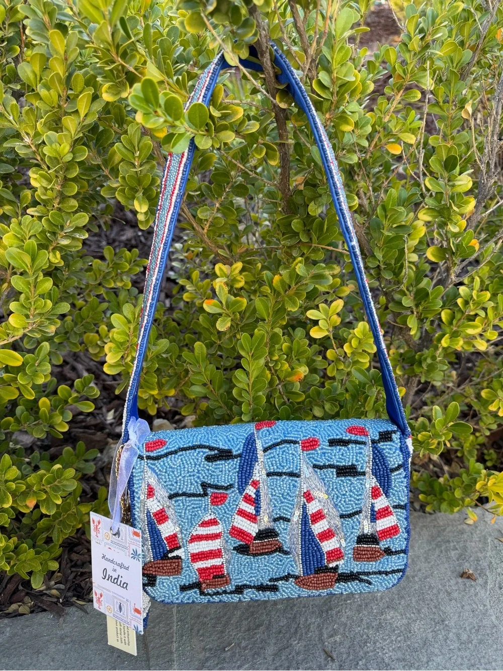 NWT Viral Beaded Shoulder Bag Sailboats Ocean Coastal Nautical Summer Fashion