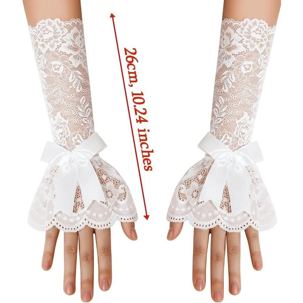 Women's Fingerless White Bow Lace Gloves Elbow Sleeve Costume Party Prom